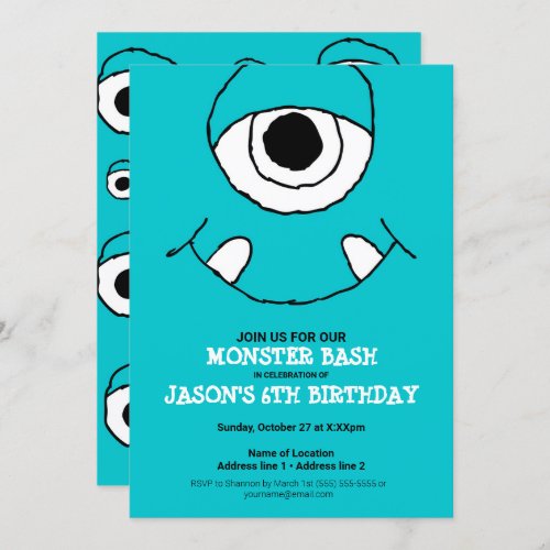 Blue One_eyed Monster Art Bday Party Monster Theme Invitation