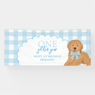 Blue One Golden Year Doodle Puppy 1st Birthday Banner