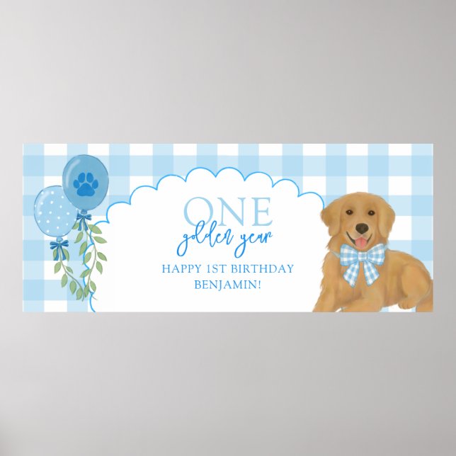 Blue One Golden Year Retriever Puppy 1st Birthday Poster (Front)