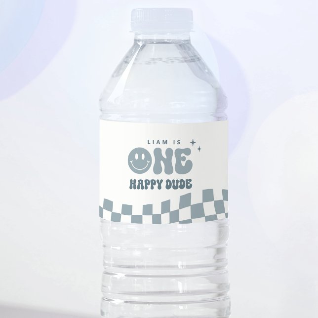Blue ONE Happy Dude Birthday Water Bottle Label (Creator Uploaded)