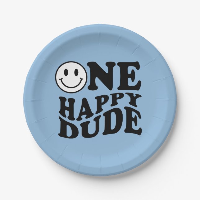 Blue One Happy Dude | Preppy Smile 1st Birthday  Paper Plates (Front)