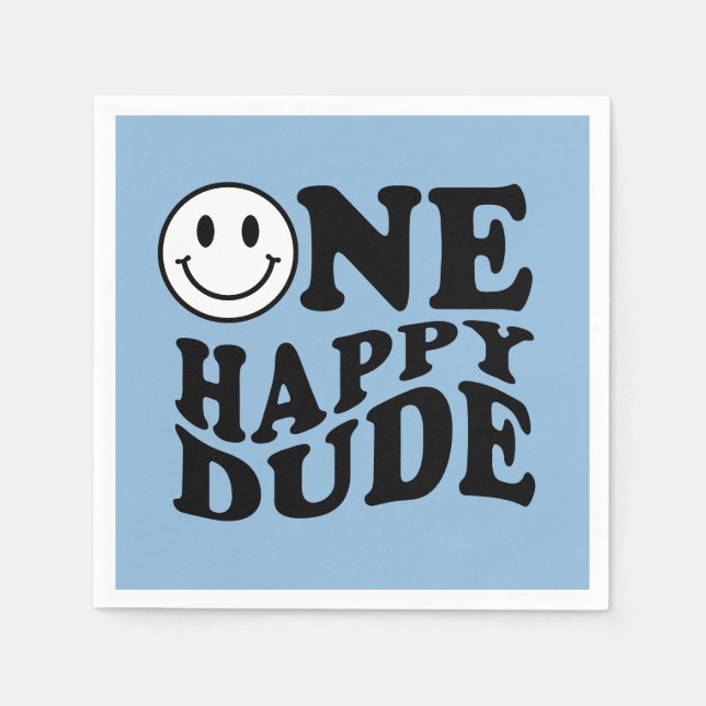 Blue One Happy Dude Retro Happy Smile Birthday Napkins (Front)