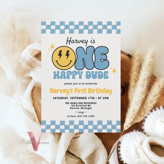 Blue ONE HAPPY DUDE Smile Retro Groovy Birthday Invitation (Creator Uploaded)