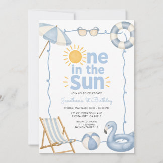 Blue One in the Sun 1st Birthday Summer Pool Party Invitation