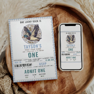 Blue One Lucky Duck 1st Birthday Cute Duck Invitation