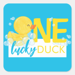 Blue One Lucky Duck 1st Birthday Party Square Sticker