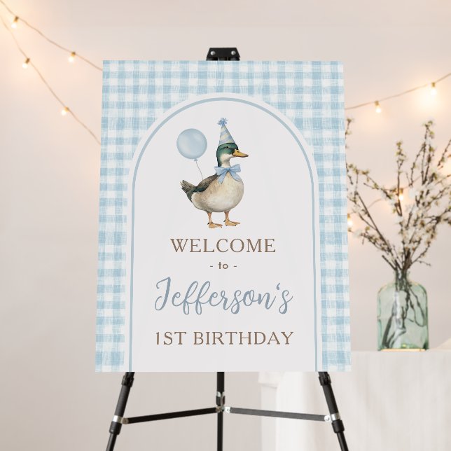 Blue One Lucky Duck 1st Birthday Welcome Foam Board (In Situ (Stand))