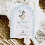 Blue One Lucky Duck Balloon 1st Birthday Arch Invitation<br><div class="desc">Celebrate your little one's special day with this adorable "One Lucky Duck" birthday invitation! Featuring a delightful illustration of a charming duck in a bow tie and party hat, holding a sage green balloon, this invitation is framed by a soft pastel green gingham border for a whimsical and rustic look....</div>