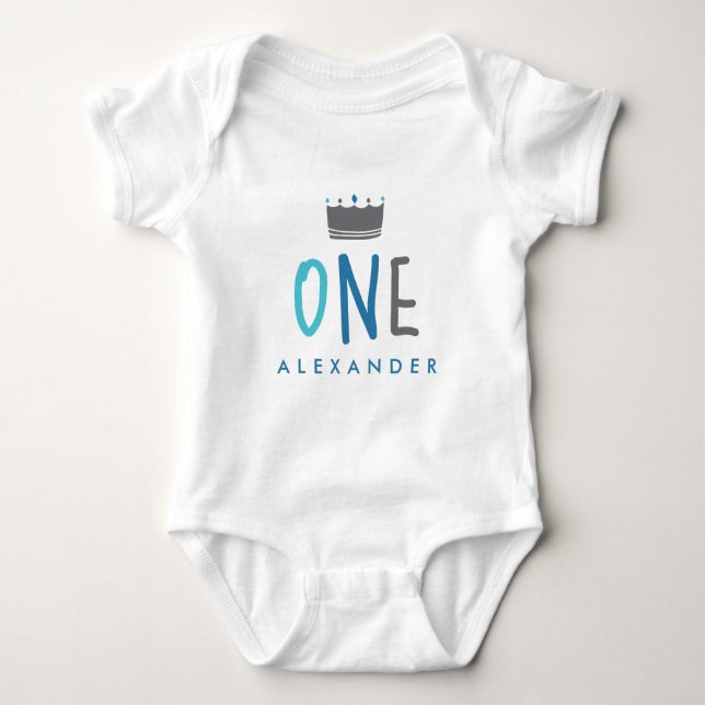 Blue ONE Name and Crown First Birthday  Baby Bodysuit (Front)