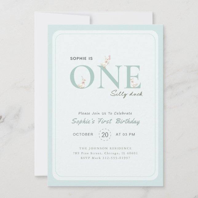 Blue One Silly Duck Bow Baby First Birthday Invitation (Front)