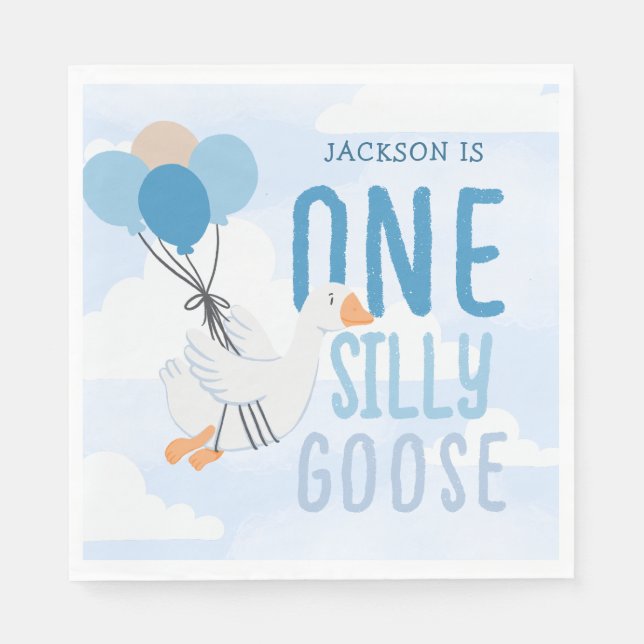 Blue One Silly Goose 1st Birthday Napkins (Front)