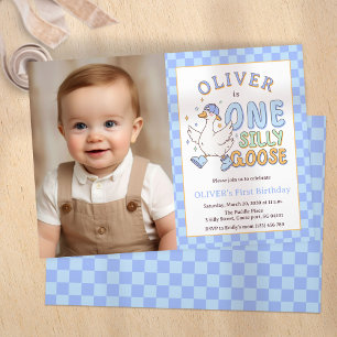 Blue One Silly Goose - Boy 1st Birthday Photo Invitation