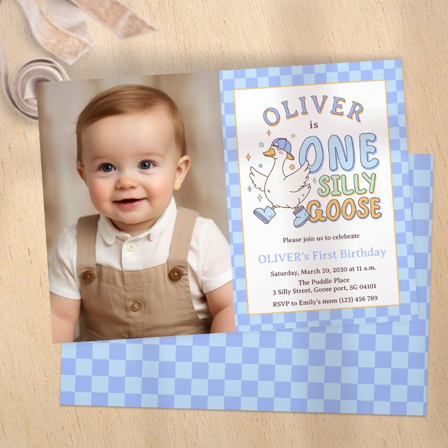 Blue One Silly Goose - Boy 1st Birthday Photo Invitation (Blue One Silly Goose - Retro Boy First Birthday Photo Invitation.)