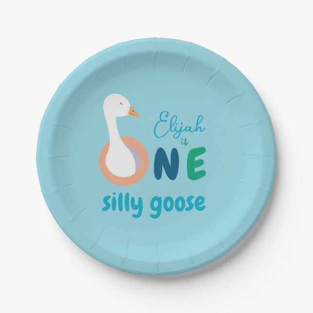 Blue One Silly Goose Cute Boy First Birthday Paper Plates (Front)