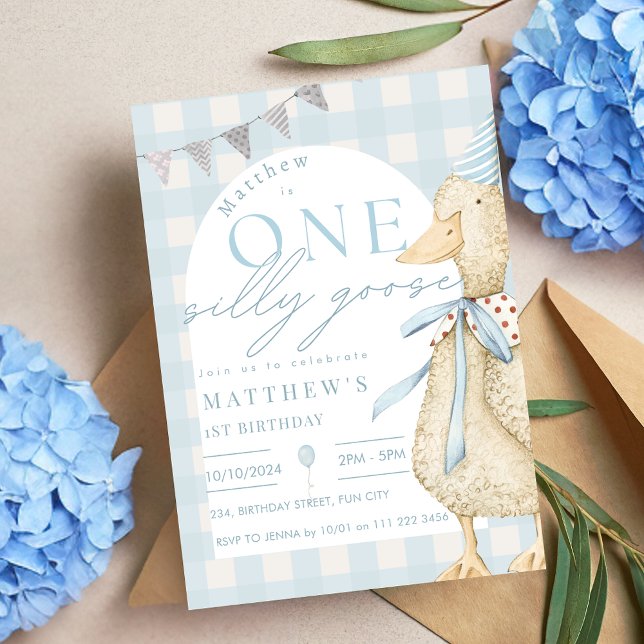 Blue One Silly Goose Gingham 1st Birthday Invitation (Blue One Silly Goose Gingham 1st Birthday Invitation)