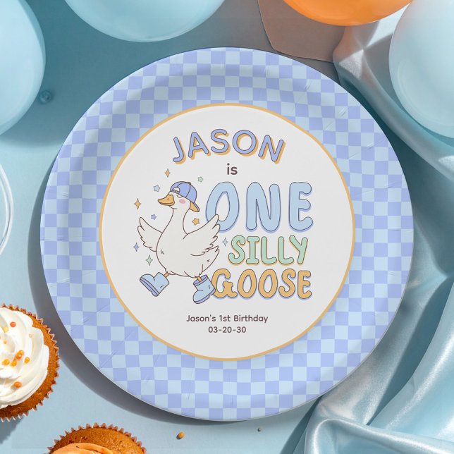 Blue One Silly Goose - Retro Boy First Birthday  Paper Plates (Blue One Silly Goose Birthday Paper Plates. Girl First Birthday Party Paper Plates.)