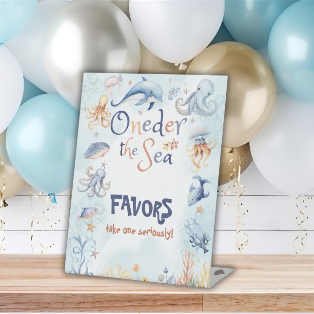 Blue Oneder the sea 1st birthday Favors Pedestal Sign (Creator Uploaded)
