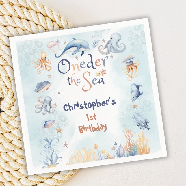 Blue Oneder the sea boys 1st birthday Napkins (Creator Uploaded)