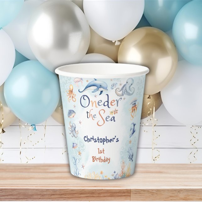 Blue Oneder the sea first birthday Sticker Paper Cups (Creator Uploaded)