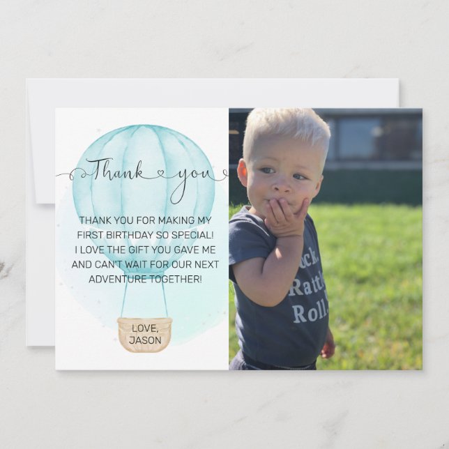 Blue Onederful 1st Birthday Photo Thank You Card (Front)