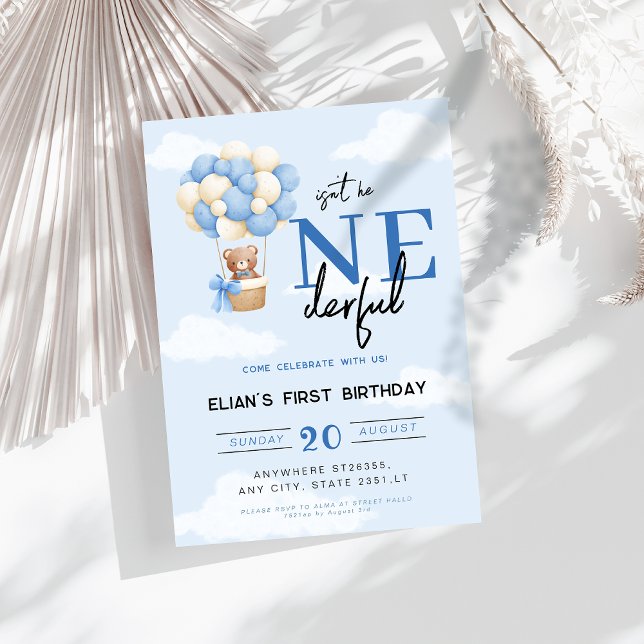 Blue Onederful Hot Air Balloon boy 1st Birthday Invitation (Creator Uploaded)