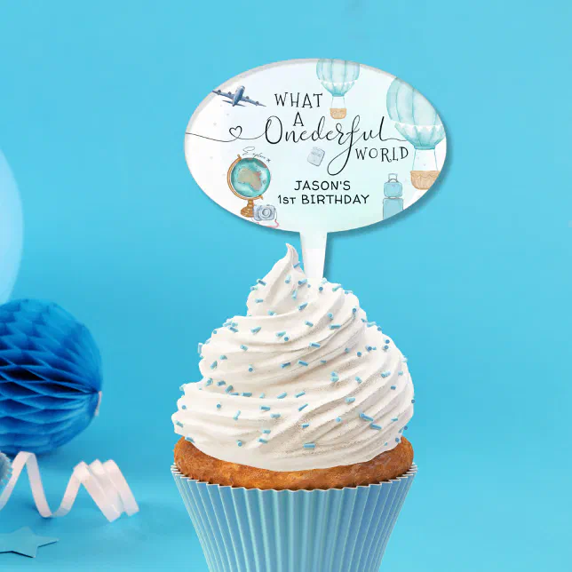Blue ONEderful World 1st First Birthday Cake Topper
