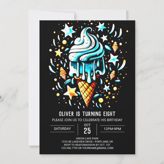 Blue Online Elegant Boy Ice Cream Birthday Invitation (Front)