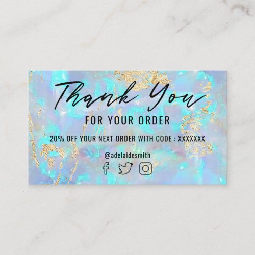 blue opal faux foil thank you business card