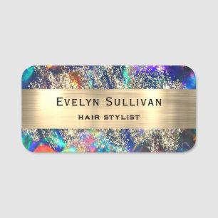 Blue Opal Faux Gold Foil Glitter Name Tag