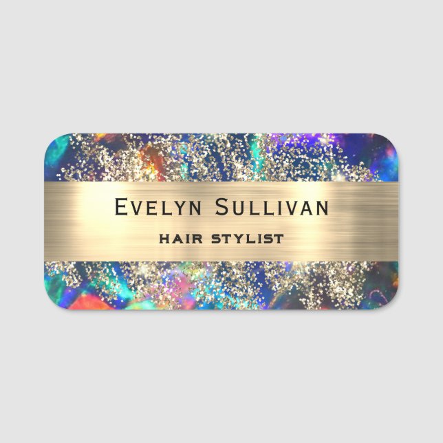 Blue Opal Faux Gold Foil Glitter Name Tag (Front)