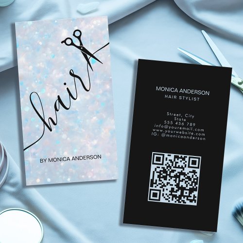 Blue Opal Glitter Hair Script Scissors QR Code Business Card