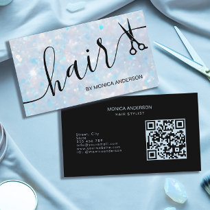 Blue Opal Glitter Hair Script Scissors QR Code Business Card