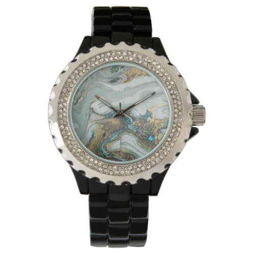 BLUE OPAL MARBLE SPARKLE BLACK BAND WATCH