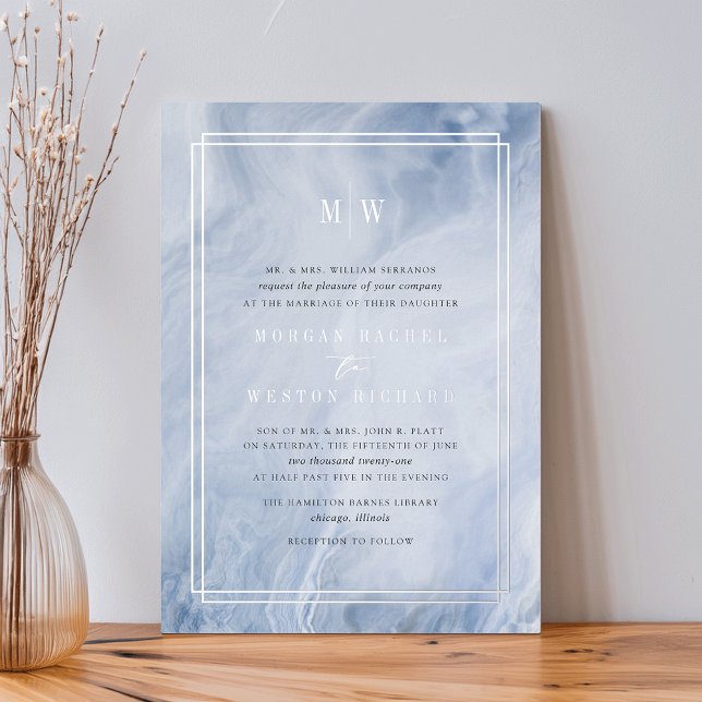 Blue Opal Monogram Wedding Silver Foil Invitation (Creator Uploaded)