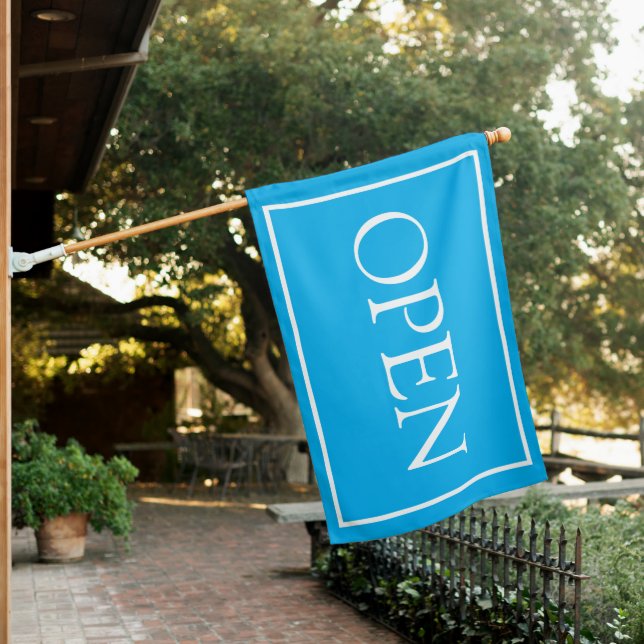 Blue Open Sign Modern Minimal Small Business Flag (In SItu)