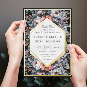 Blue Opulence & Dusty Rose Floral Gold Wedding  Foil Invitation