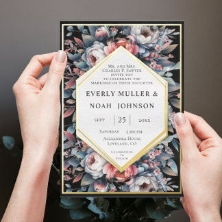 Blue Opulence & Dusty Rose Floral Gold Wedding Foil Invitation