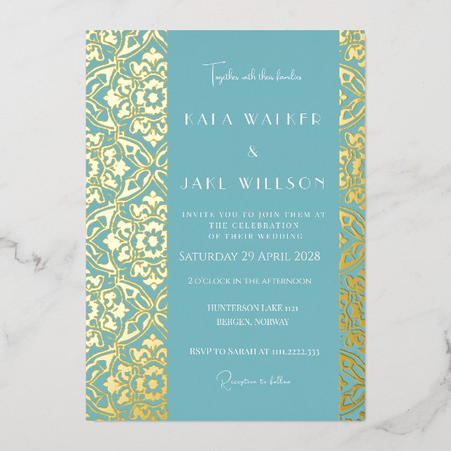 Blue Opulence Sophisticated Italian Tile (Solid) Foil Invitation (Front)
