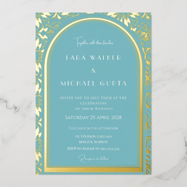  Blue Opulence Wedding (Retro-Dotted) Foil Invitation (Front)