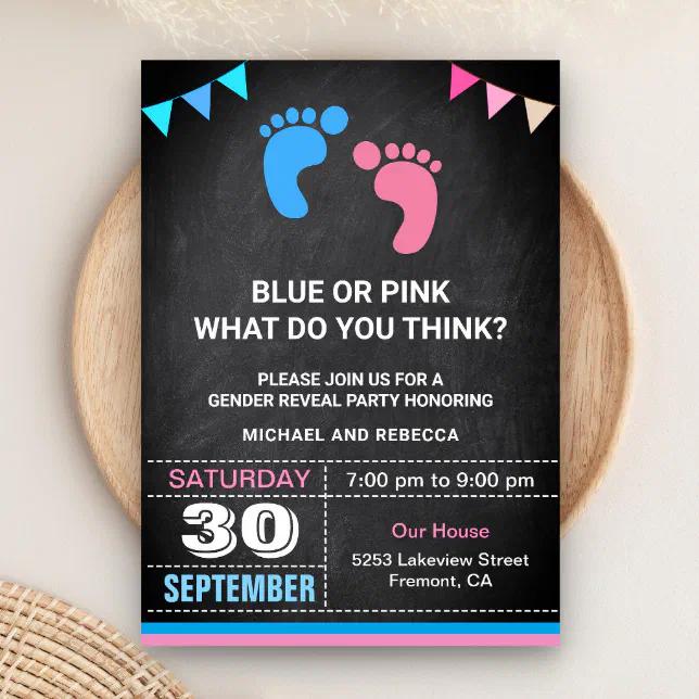 Blue or Pink Baby Footprints Gender Reveal Party Invitation | Zazzle