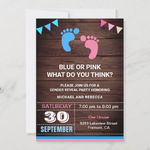 Blue or Pink Baby Footprints Gender Reveal Party Invitation