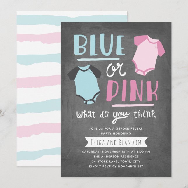 Blue or Pink Baby Gender Reveal Party Chalkboard Invitation (Front/Back)