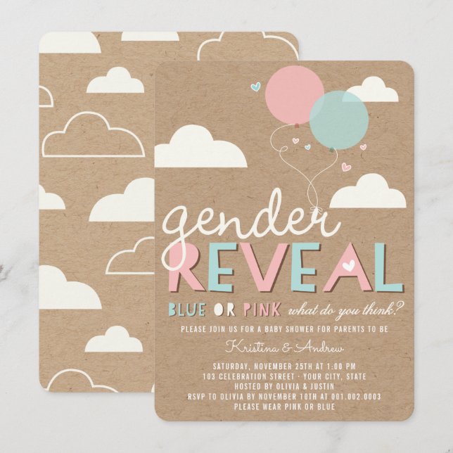 Blue or Pink Baby Gender Reveal Party Invite (Front/Back)