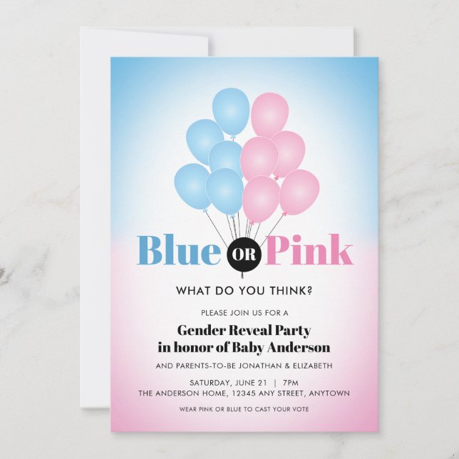 Blue or Pink Balloons Gender Reveal Party Invitation (Front)