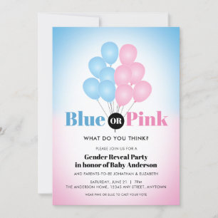 Blue or Pink Balloons Gender Reveal Party Invitation