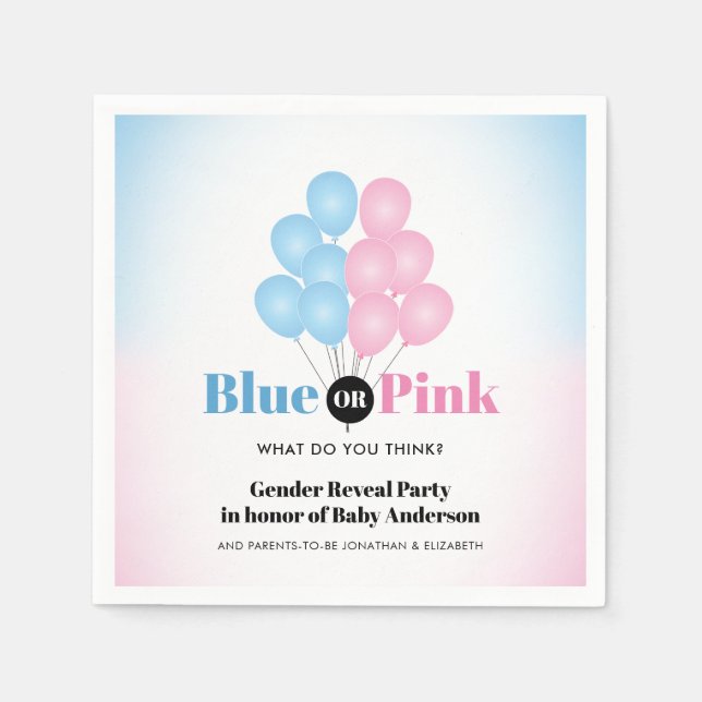 Blue or Pink Balloons Gender Reveal Party Napkins (Front)