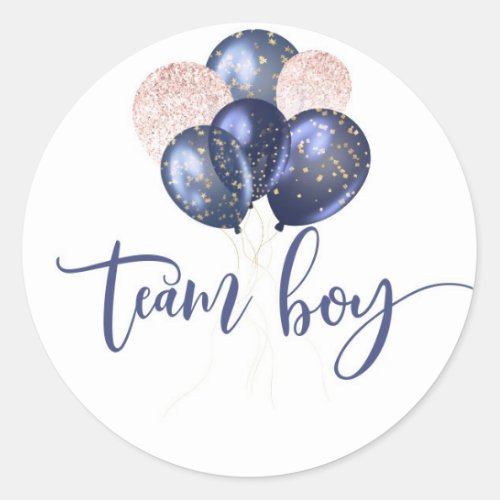 Blue or pink balloons gender reveal team boy classic round sticker