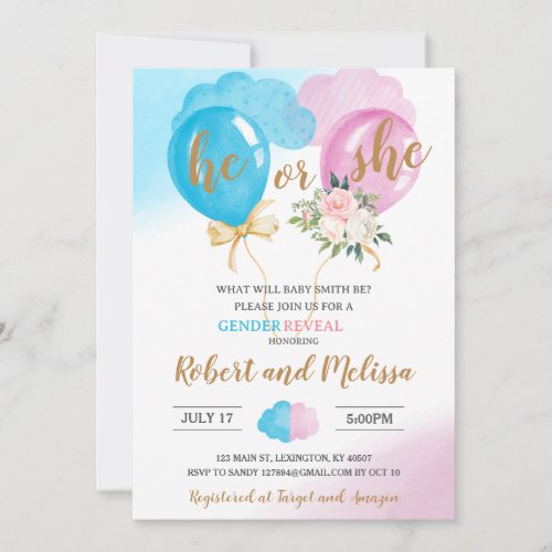 Blue or pink balloons greenery gender reveal  invitation