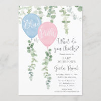 Blue or pink balloons greenery gender reveal invitation