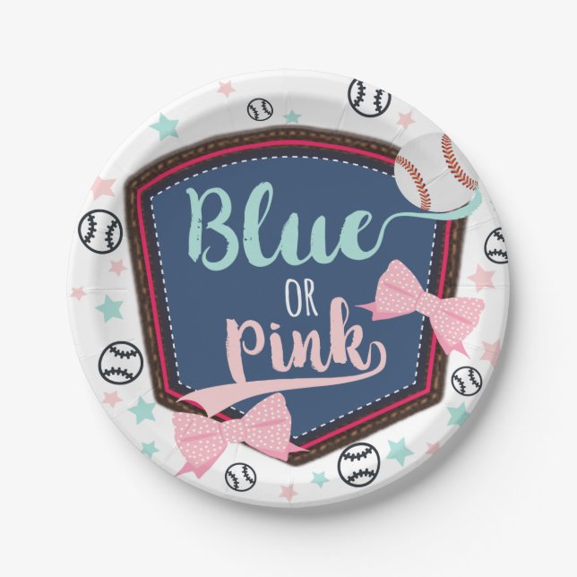 blue or pink Baseball or bows Gender Reveal Paper Plates (Front)